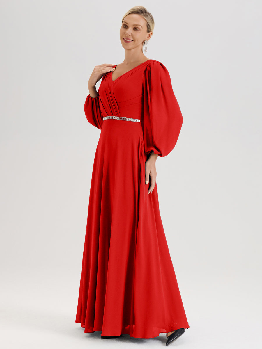 Cicinia Rouge Robe De Mère De La Mariée Manches Ballon Ligne A En Mousseline À Décolleté En V