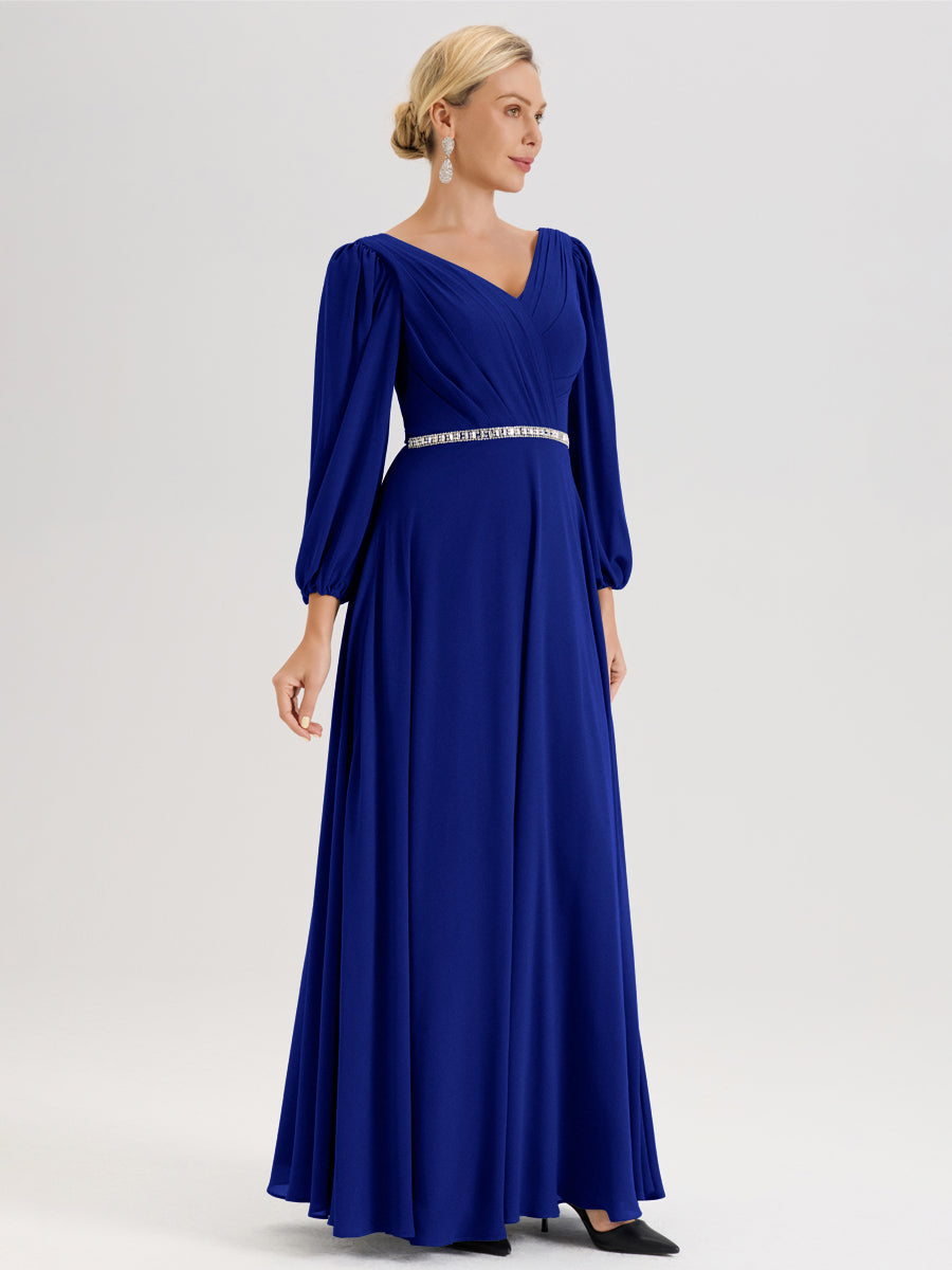 Cicinia Bleu Royale Robe De Mère De La Mariée Manches Ballon Ligne A En Mousseline À Décolleté En V