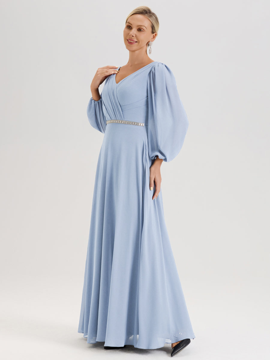 Cicinia Bleu Ciel Robe De Mère De La Mariée Manches Ballon Ligne A En Mousseline À Décolleté En V
