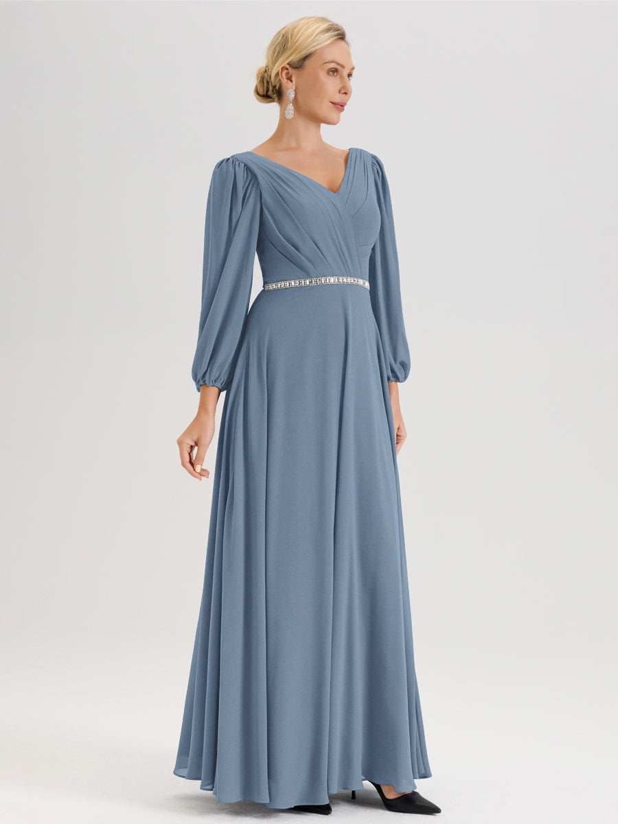 Cicinia Bleu De Schiste Robe De Mère De La Mariée Manches Ballon Ligne A En Mousseline À Décolleté En V