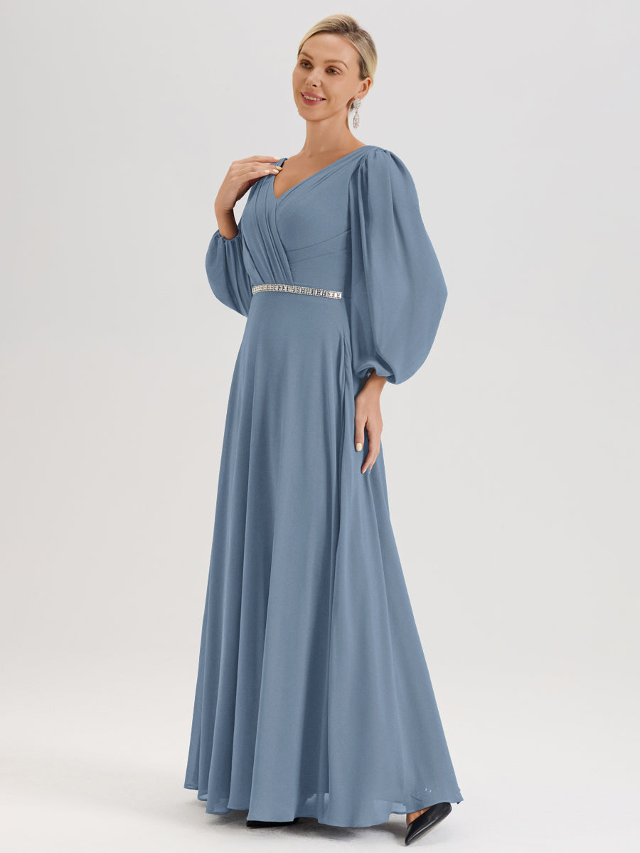 Cicinia Bleu De Schiste Robe De Mère De La Mariée Manches Ballon Ligne A En Mousseline À Décolleté En V