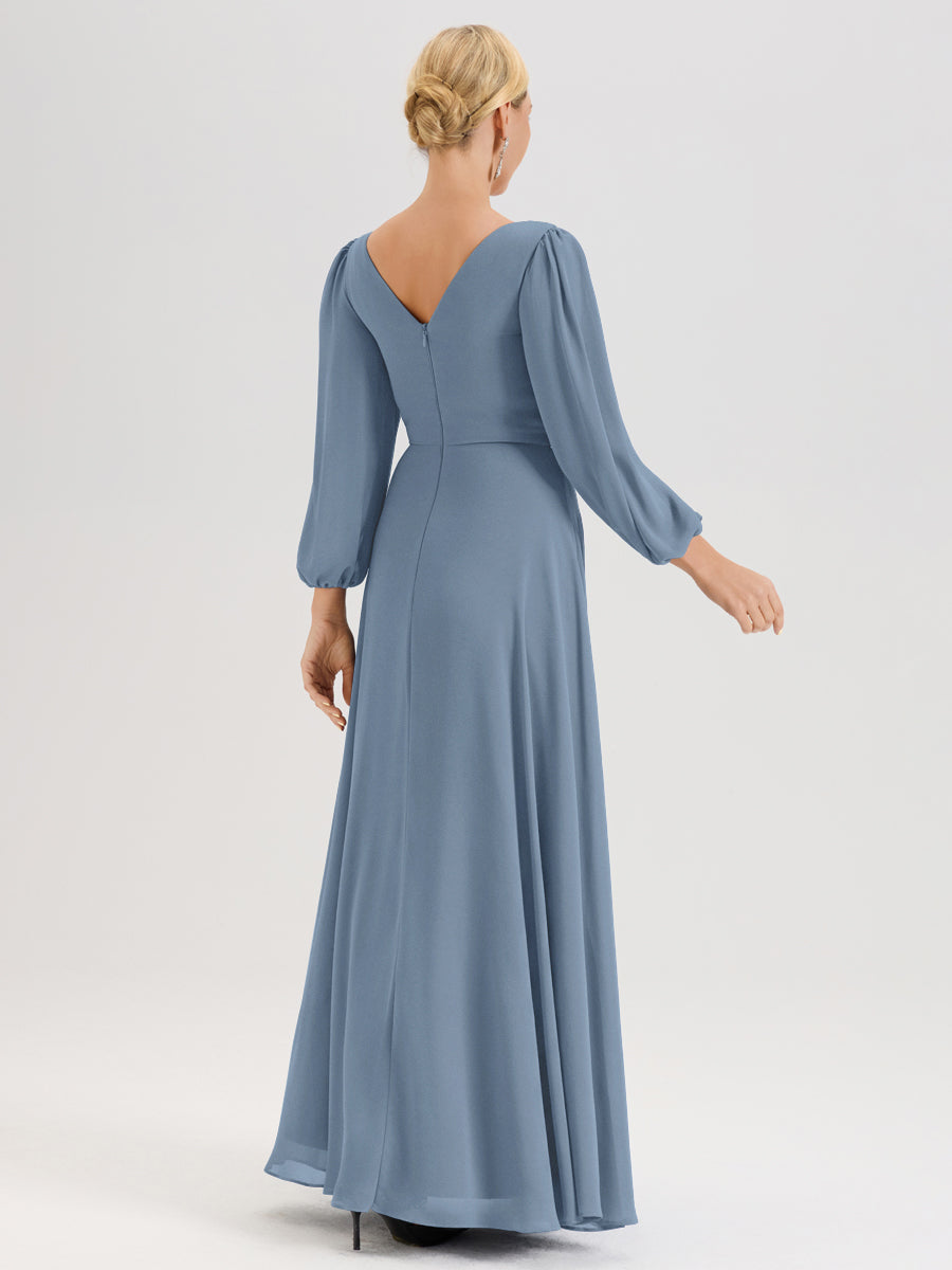 Cicinia Bleu De Schiste Robe De Mère De La Mariée Manches Ballon Ligne A En Mousseline À Décolleté En V
