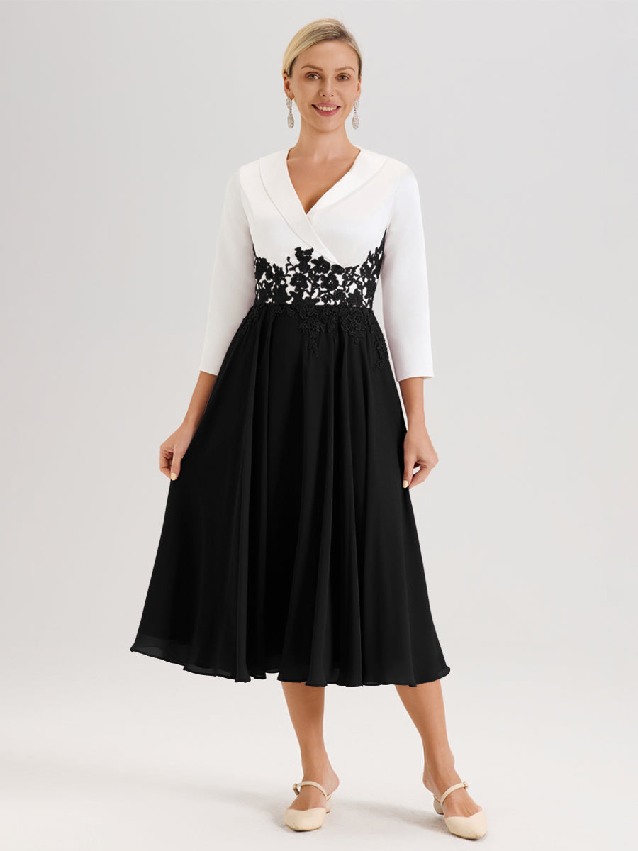 Cicinia Noir Robe De Mère De La Mariée Mi-Longue À Décolleté En V En Satin Mousseline Et Dentelle