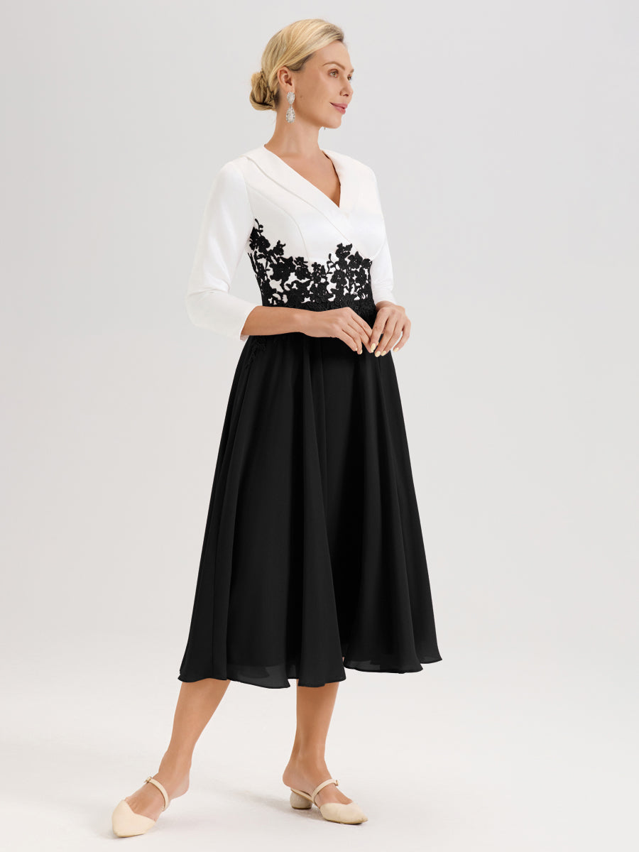 Cicinia Noir Robe De Mère De La Mariée Mi-Longue À Décolleté En V En Satin Mousseline Et Dentelle