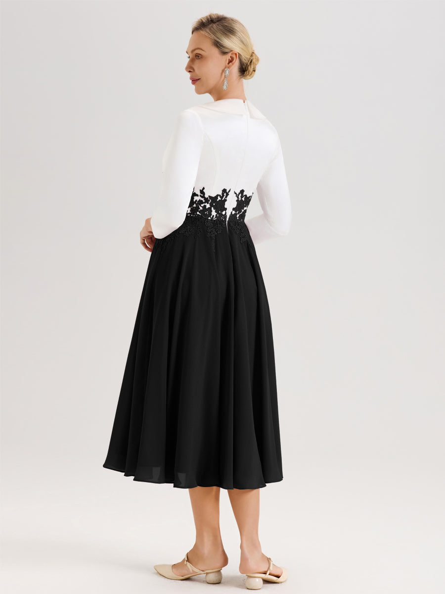 Cicinia Noir Robe De Mère De La Mariée Mi-Longue À Décolleté En V En Satin Mousseline Et Dentelle