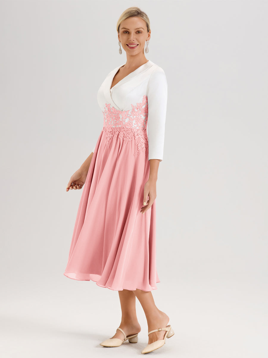 Cicinia Rose Robe De Mère De La Mariée Mi-Longue À Décolleté En V En Satin Mousseline Et Dentelle