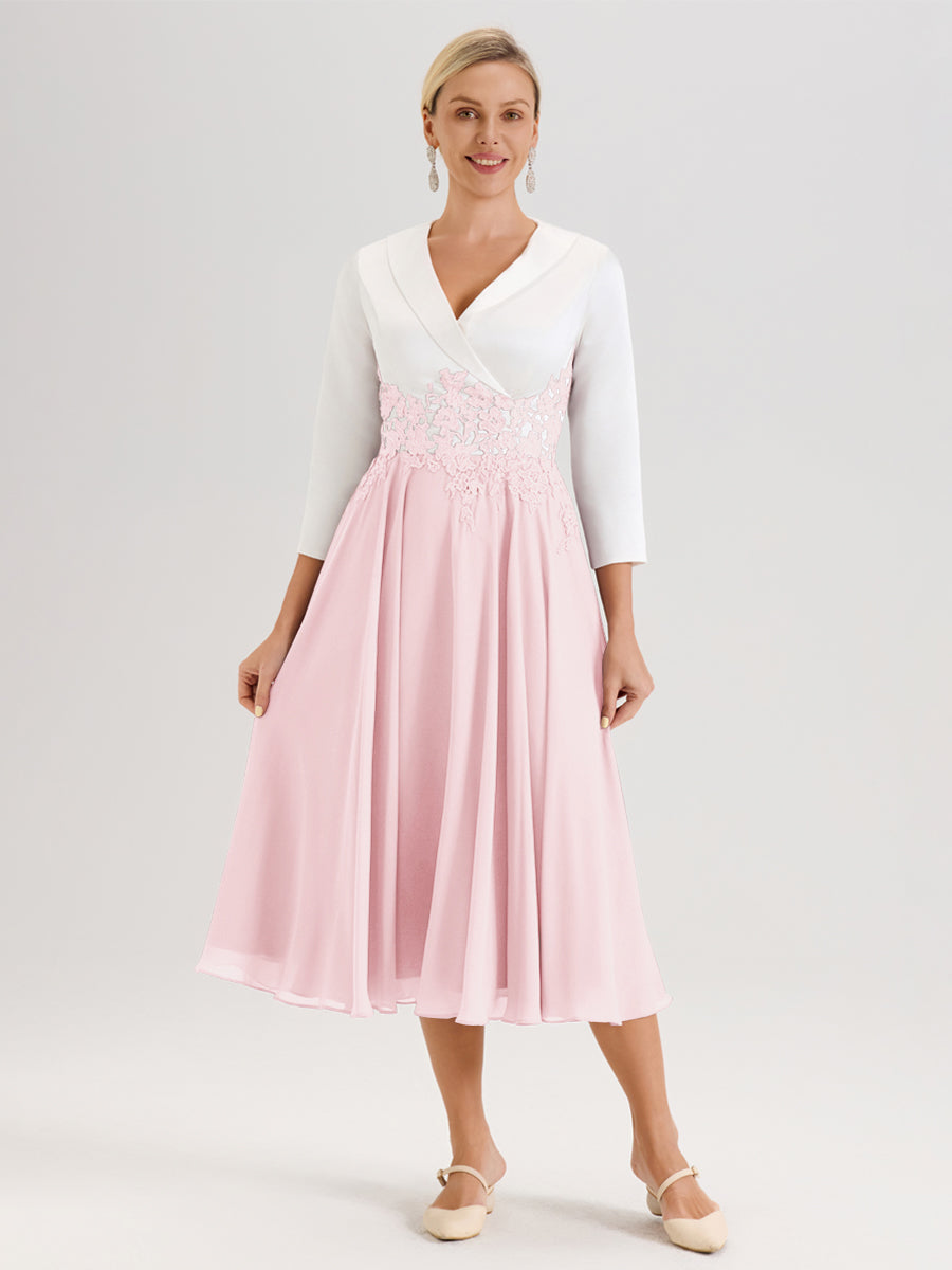 Cicinia Rose Pâle Robe De Mère De La Mariée Mi-Longue À Décolleté En V En Satin Mousseline Et Dentelle