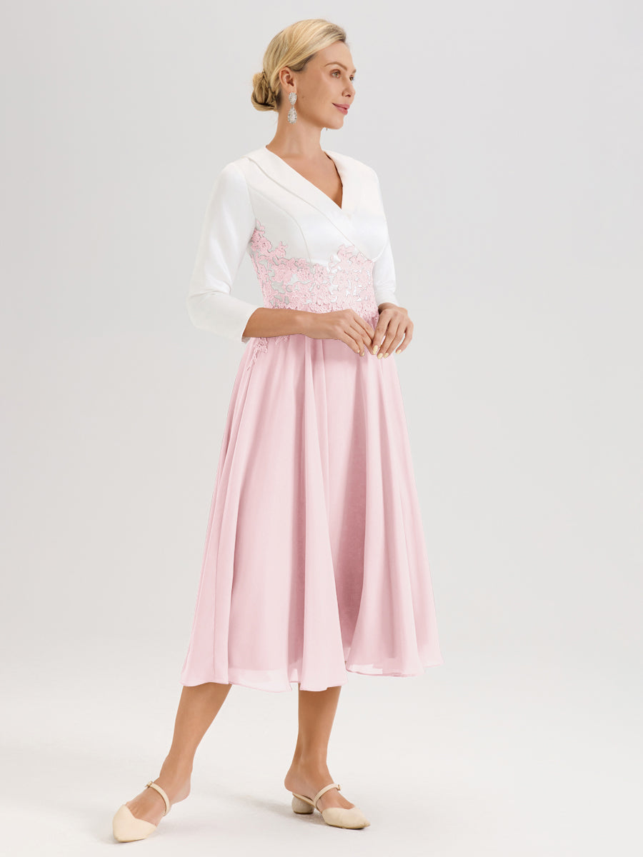 Cicinia Rose Pâle Robe De Mère De La Mariée Mi-Longue À Décolleté En V En Satin Mousseline Et Dentelle