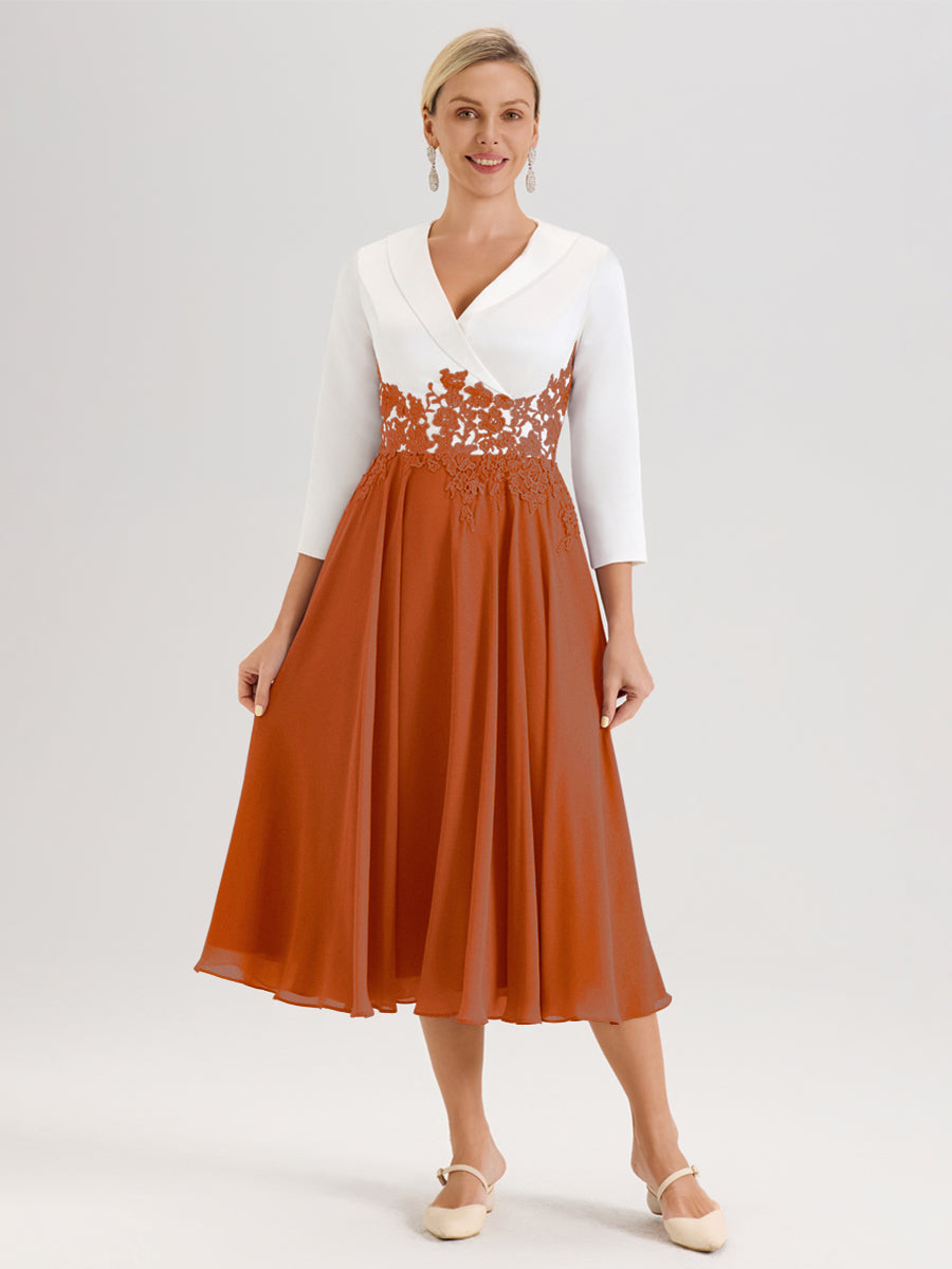 Cicinia Orange Brûlé Robe De Mère De La Mariée Mi-Longue À Décolleté En V En Satin Mousseline Et Dentelle