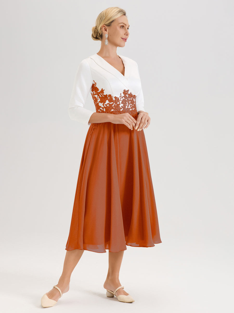 Cicinia Orange Brûlé Robe De Mère De La Mariée Mi-Longue À Décolleté En V En Satin Mousseline Et Dentelle