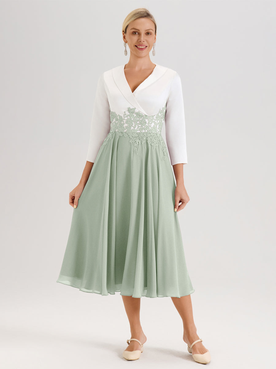 Cicinia Celadon Robe De Mère De La Mariée Mi-Longue À Décolleté En V En Satin Mousseline Et Dentelle