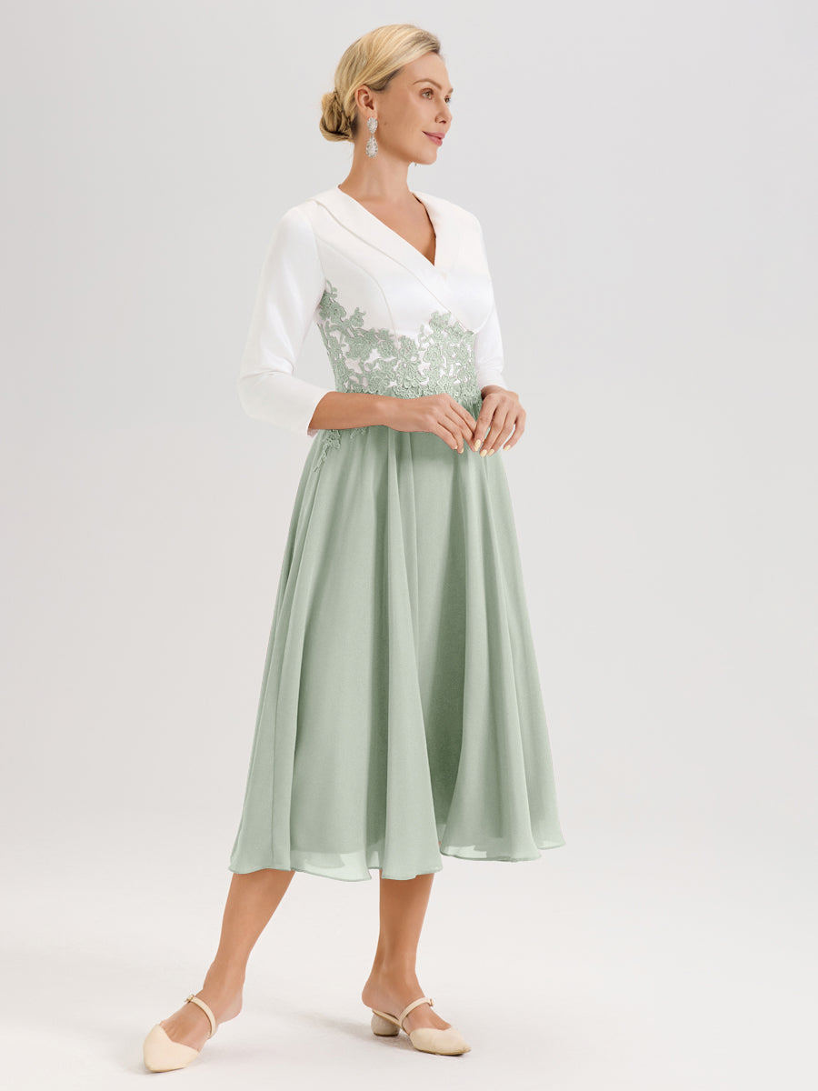 Cicinia Celadon Robe De Mère De La Mariée Mi-Longue À Décolleté En V En Satin Mousseline Et Dentelle