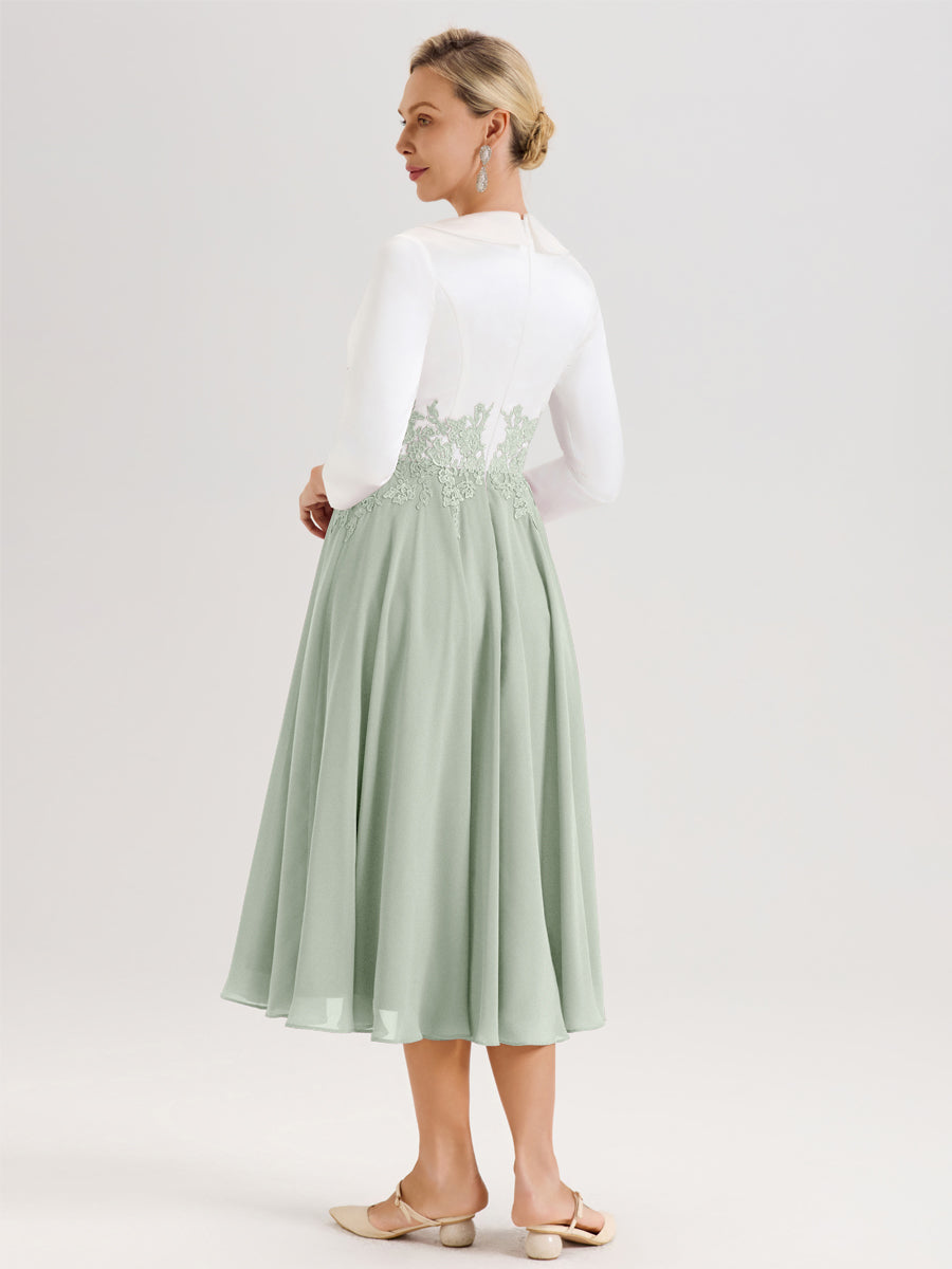 Cicinia Celadon Robe De Mère De La Mariée Mi-Longue À Décolleté En V En Satin Mousseline Et Dentelle