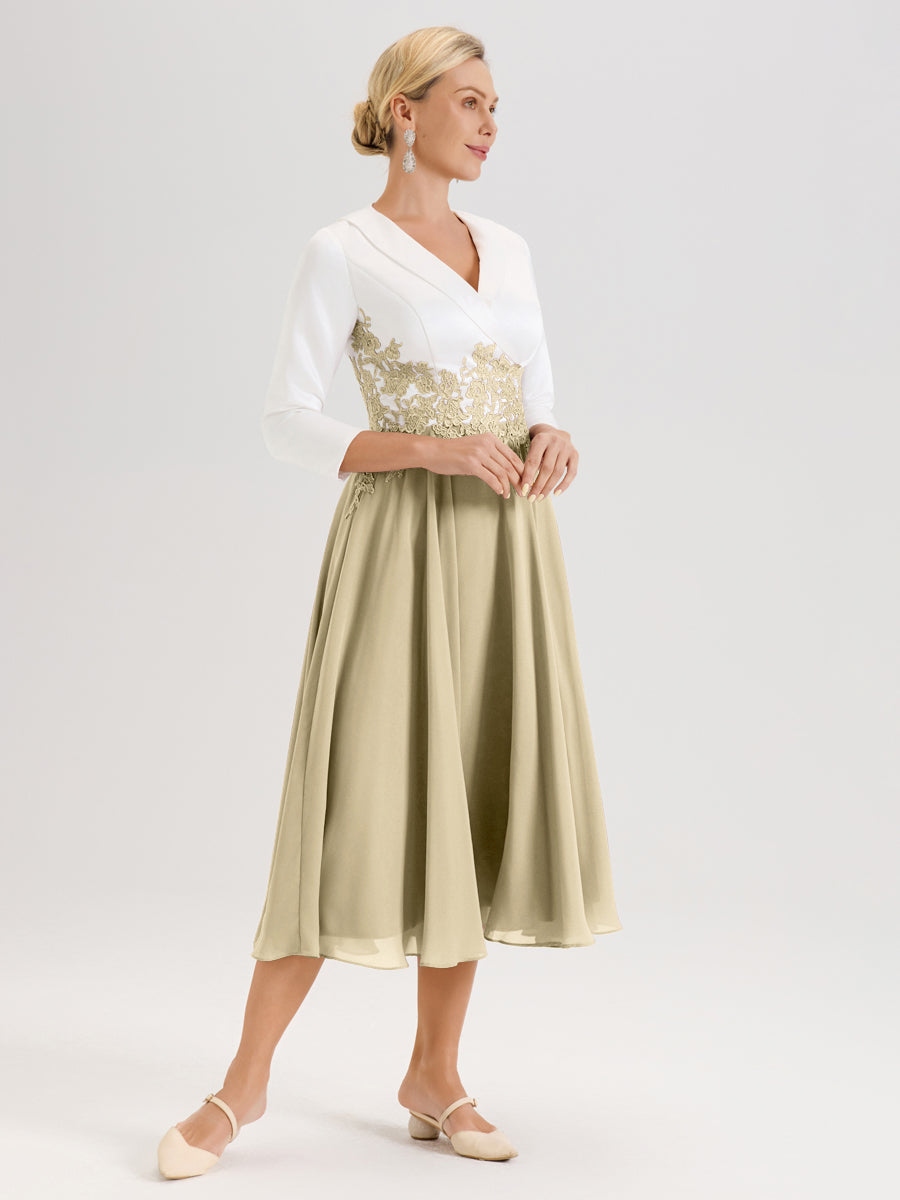 Cicinia Champagne Robe De Mère De La Mariée Mi-Longue À Décolleté En V En Satin Mousseline Et Dentelle