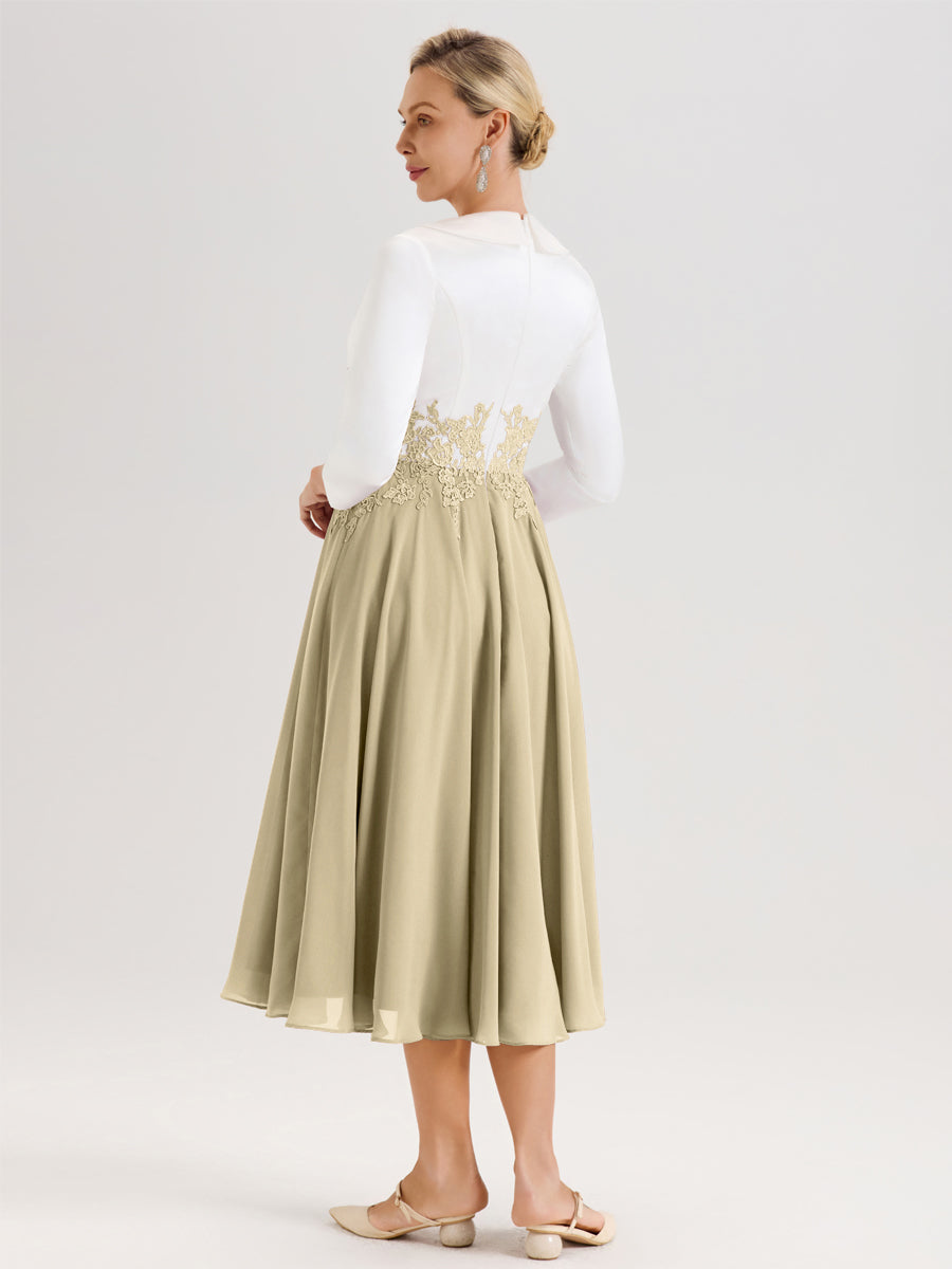 Cicinia Champagne Robe De Mère De La Mariée Mi-Longue À Décolleté En V En Satin Mousseline Et Dentelle