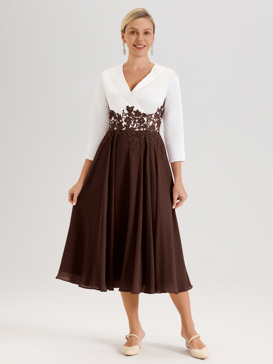 Cicinia Chocolat Robe De Mère De La Mariée Mi-Longue À Décolleté En V En Satin Mousseline Et Dentelle