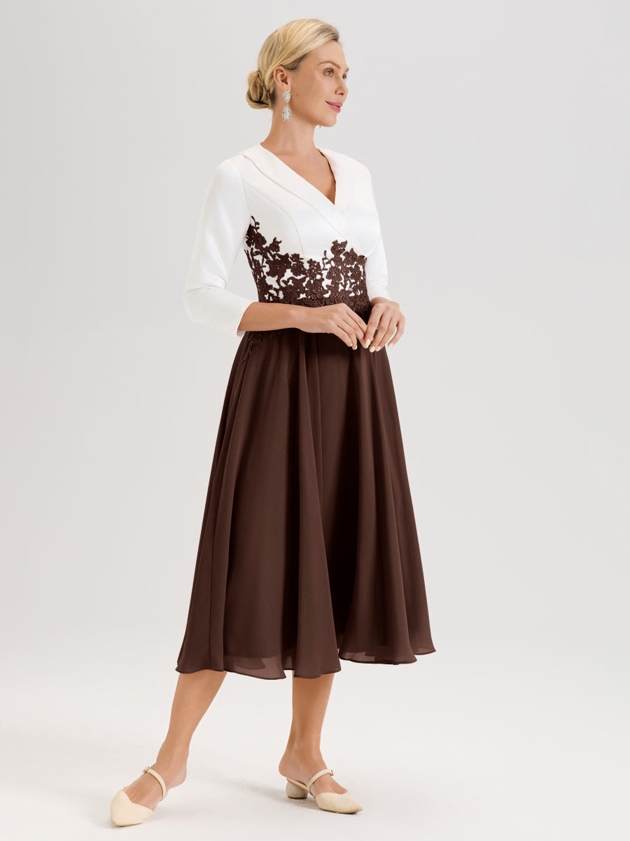 Cicinia Chocolat Robe De Mère De La Mariée Mi-Longue À Décolleté En V En Satin Mousseline Et Dentelle