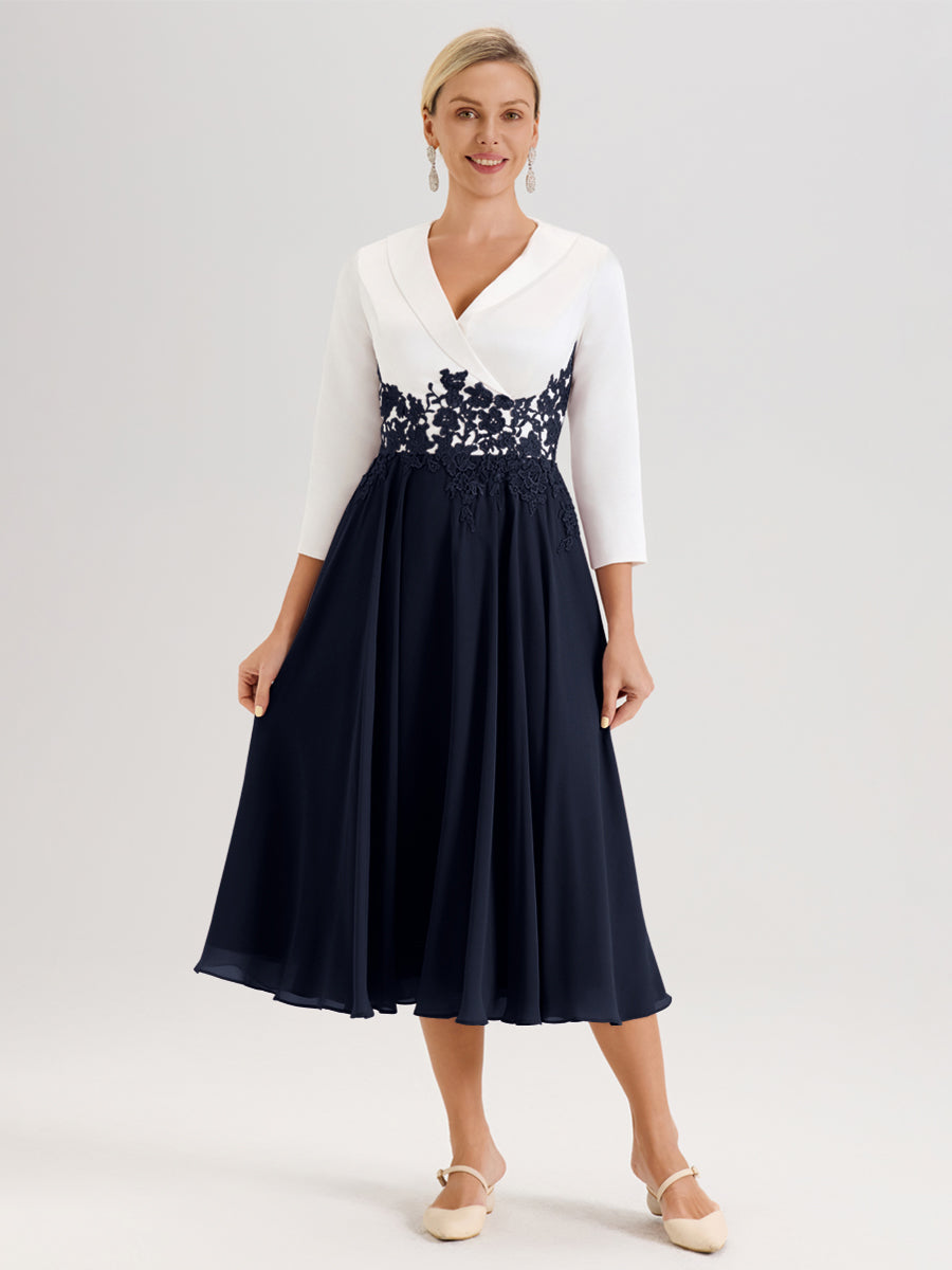 Cicinia Bleu Marine Robe De Mère De La Mariée Mi-Longue À Décolleté En V En Satin Mousseline Et Dentelle