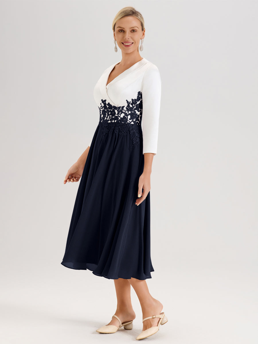Cicinia Bleu Marine Robe De Mère De La Mariée Mi-Longue À Décolleté En V En Satin Mousseline Et Dentelle