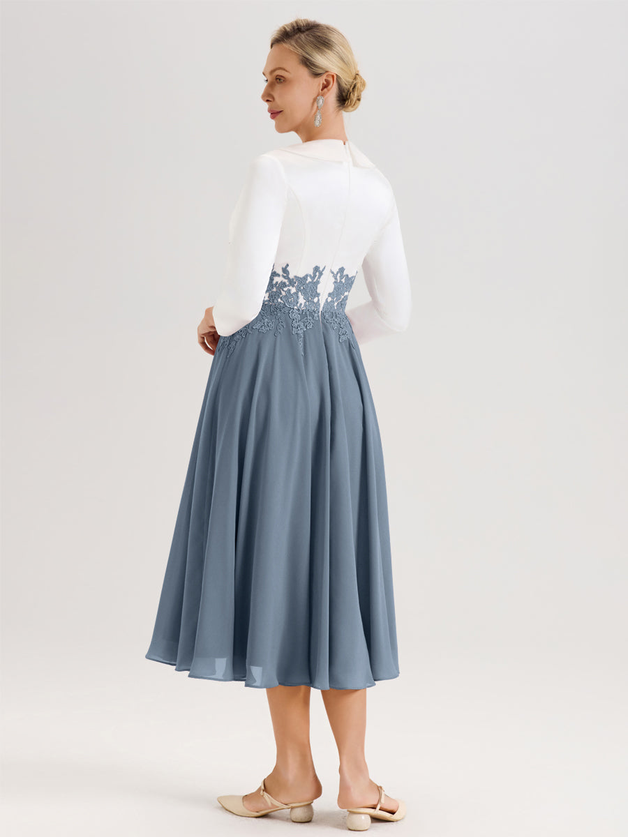 Cicinia Bleu Poudré Robe De Mère De La Mariée Mi-Longue À Décolleté En V En Satin Mousseline Et Dentelle
