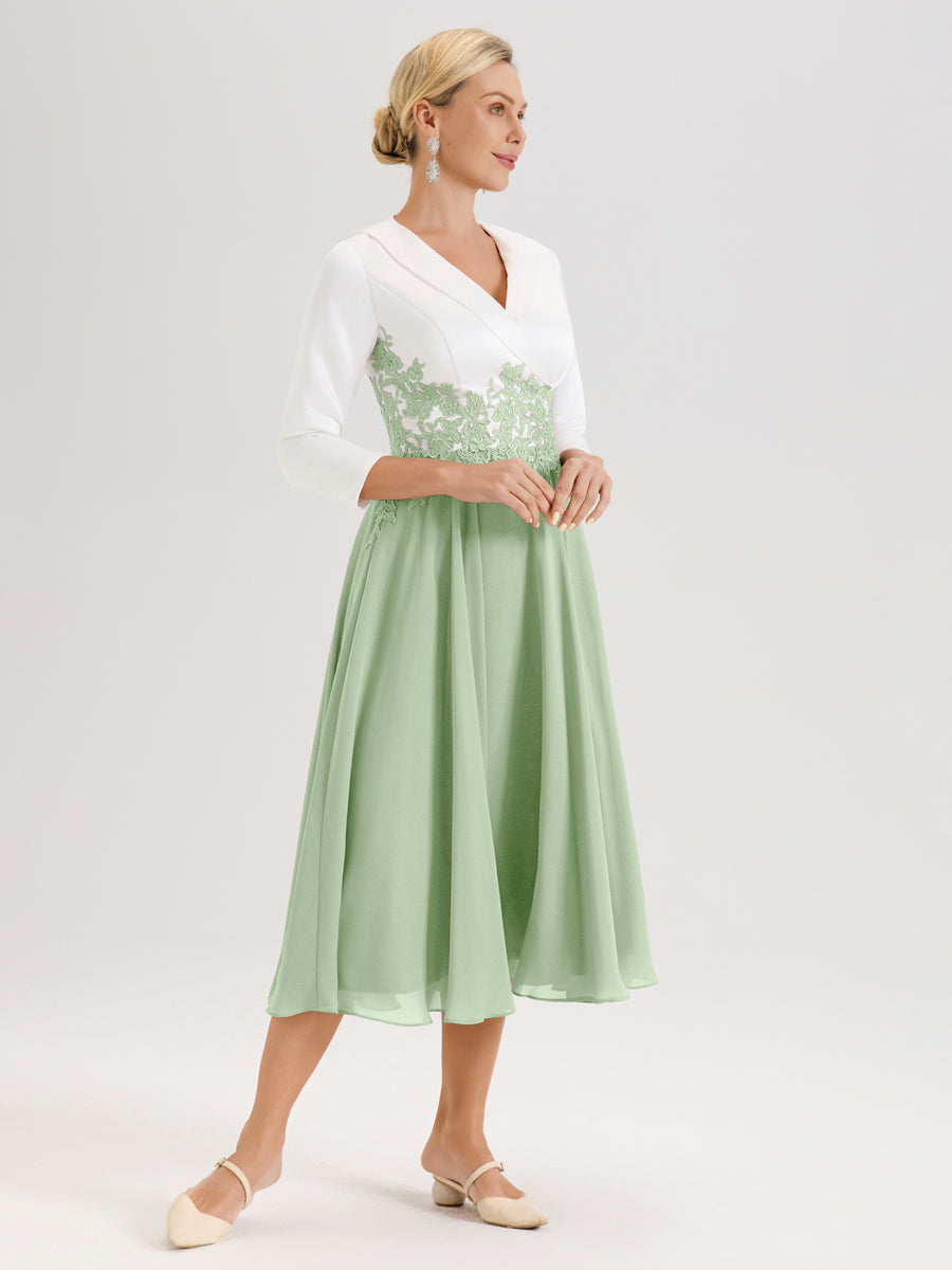 Cicinia Sauge Poudrée Robe De Mère De La Mariée Mi-Longue À Décolleté En V En Satin Mousseline Et Dentelle