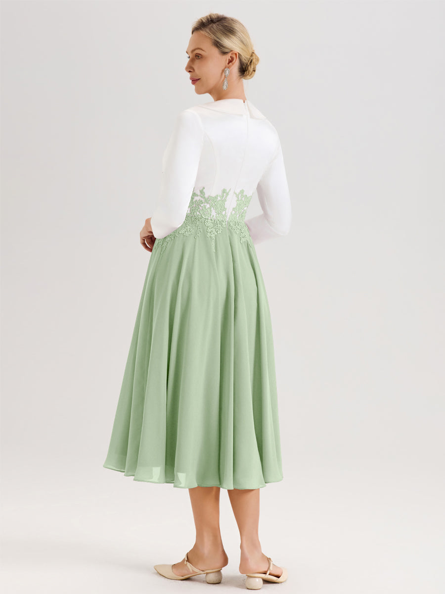Cicinia Sauge Poudrée Robe De Mère De La Mariée Mi-Longue À Décolleté En V En Satin Mousseline Et Dentelle