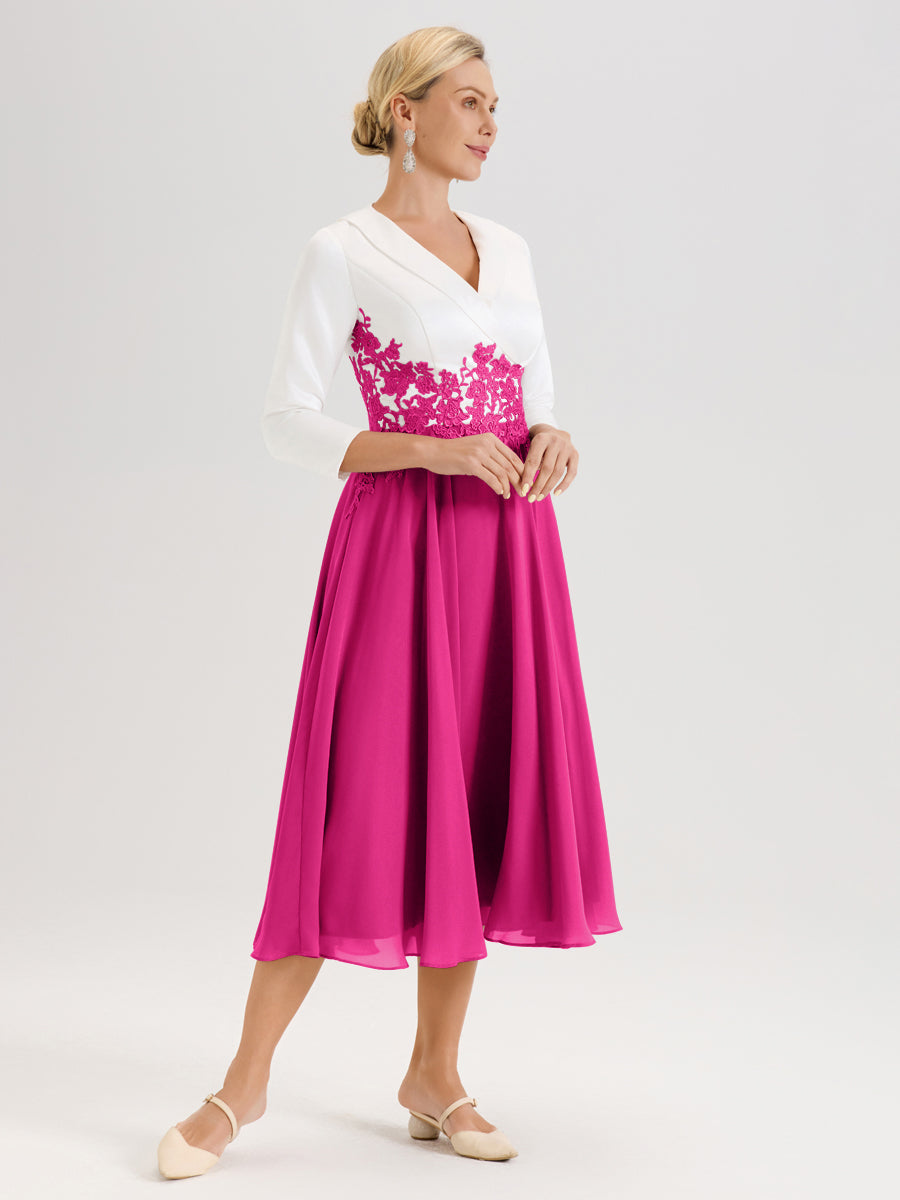 Cicinia Fuchsia Robe De Mère De La Mariée Mi-Longue À Décolleté En V En Satin Mousseline Et Dentelle