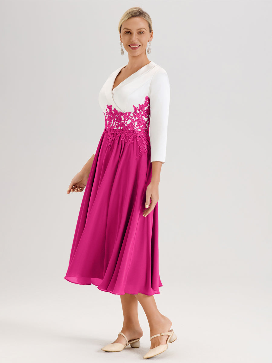 Cicinia Fuchsia Robe De Mère De La Mariée Mi-Longue À Décolleté En V En Satin Mousseline Et Dentelle