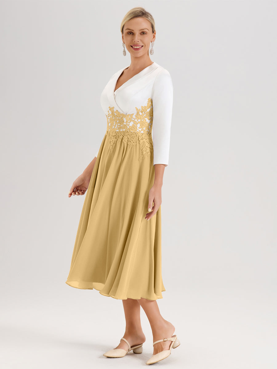 Cicinia Or Robe De Mère De La Mariée Mi-Longue À Décolleté En V En Satin Mousseline Et Dentelle