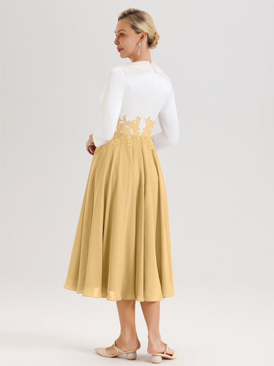 Cicinia Or Robe De Mère De La Mariée Mi-Longue À Décolleté En V En Satin Mousseline Et Dentelle