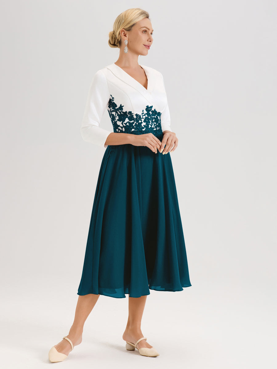 Cicinia Bleu Encre Robe De Mère De La Mariée Mi-Longue À Décolleté En V En Satin Mousseline Et Dentelle