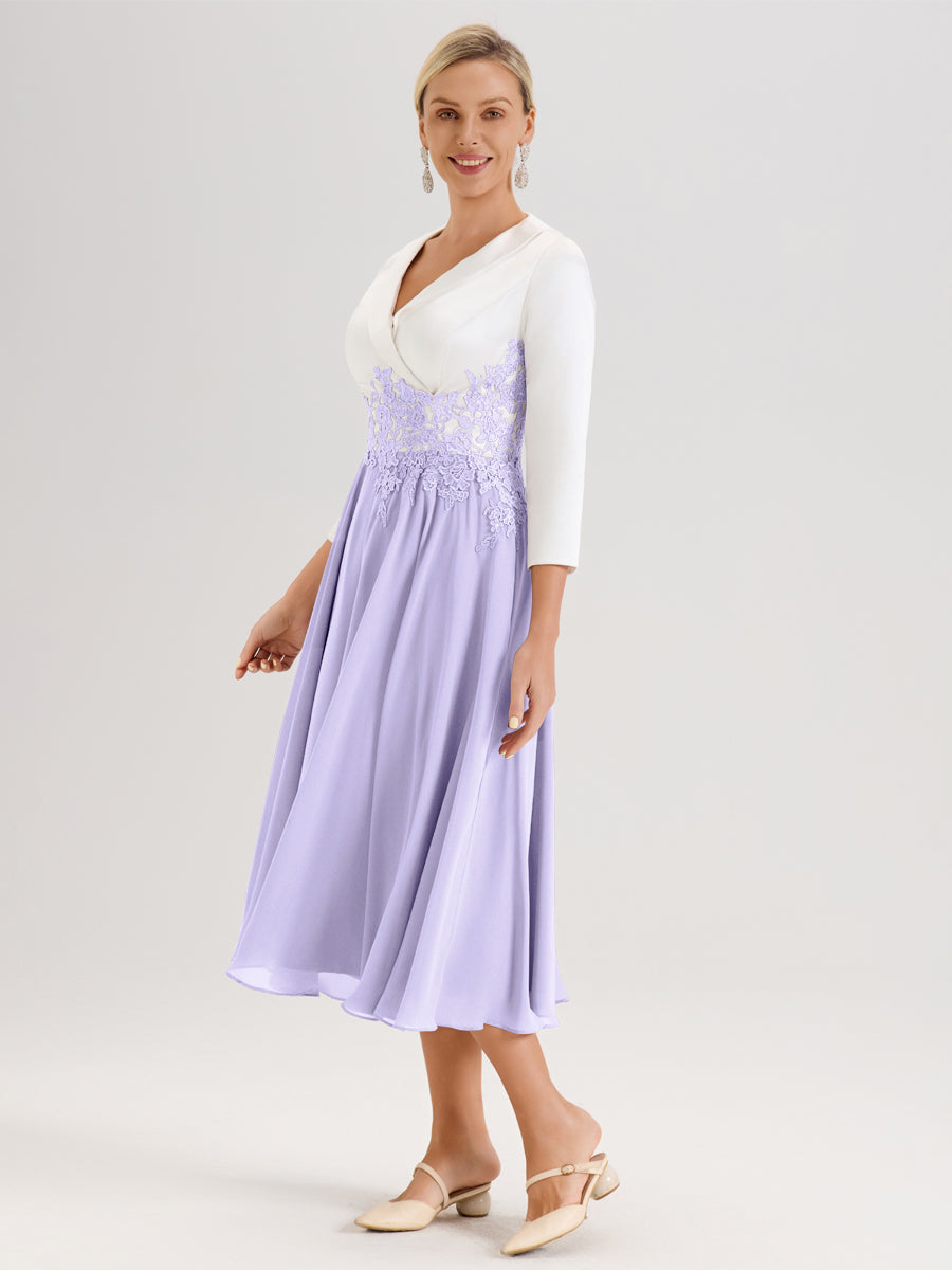 Cicinia Lilas Robe De Mère De La Mariée Mi-Longue À Décolleté En V En Satin Mousseline Et Dentelle