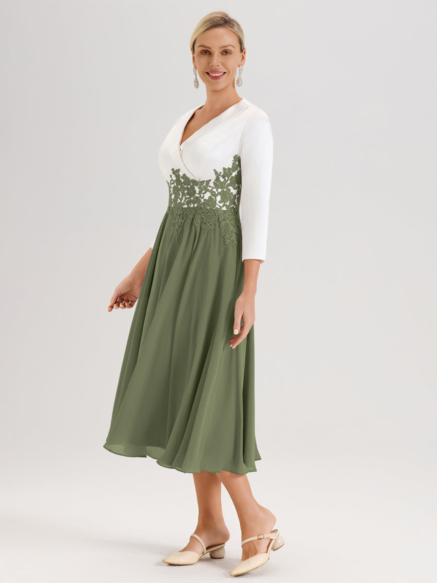 Cicinia Vert Olive Robe De Mère De La Mariée Mi-Longue À Décolleté En V En Satin Mousseline Et Dentelle