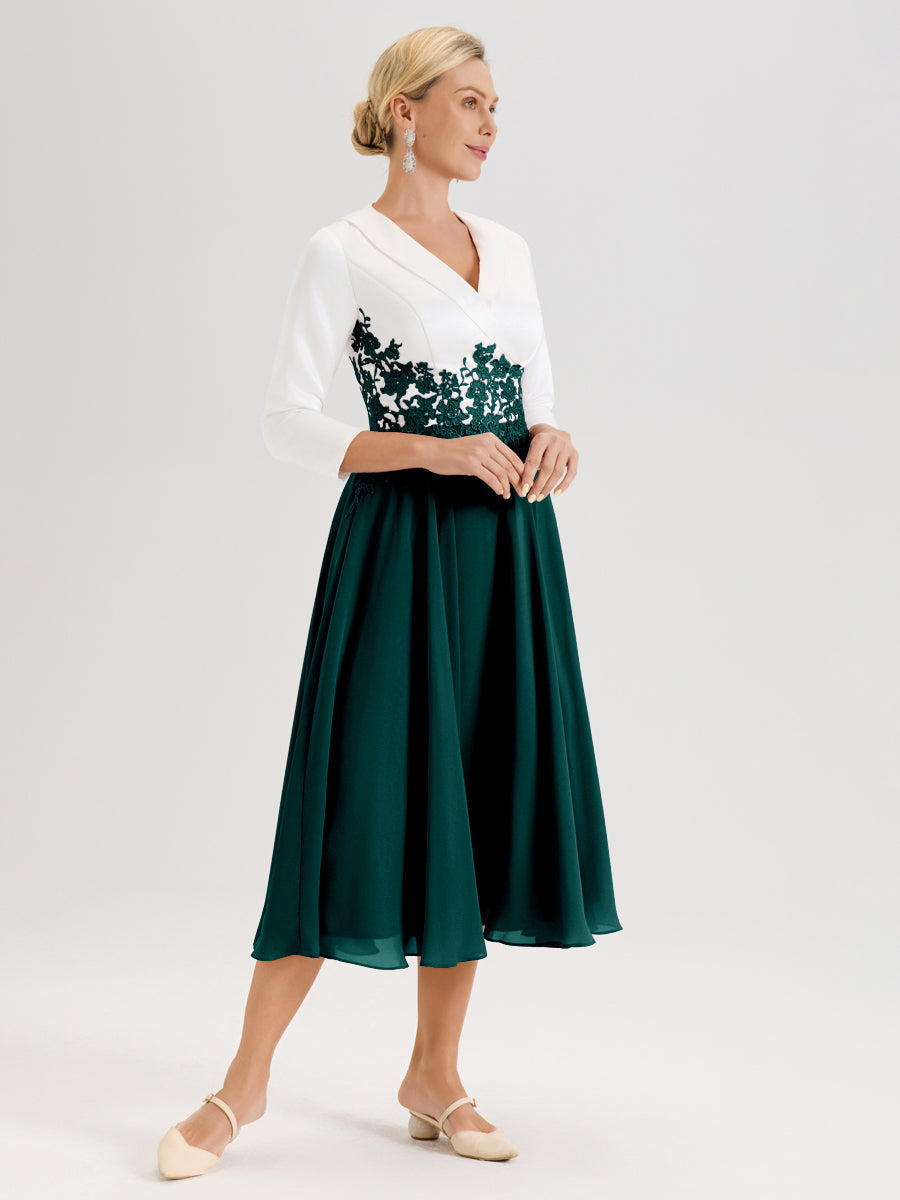 Cicinia Paon Robe De Mère De La Mariée Mi-Longue À Décolleté En V En Satin Mousseline Et Dentelle