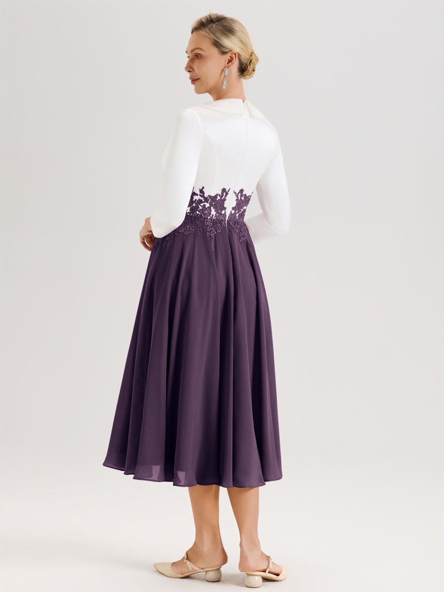 Cicinia Plum Robe De Mère De La Mariée Mi-Longue À Décolleté En V En Satin Mousseline Et Dentelle