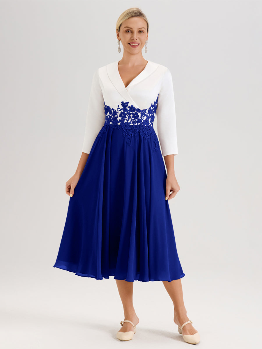 Cicinia Bleu Royale Robe De Mère De La Mariée Mi-Longue À Décolleté En V En Satin Mousseline Et Dentelle