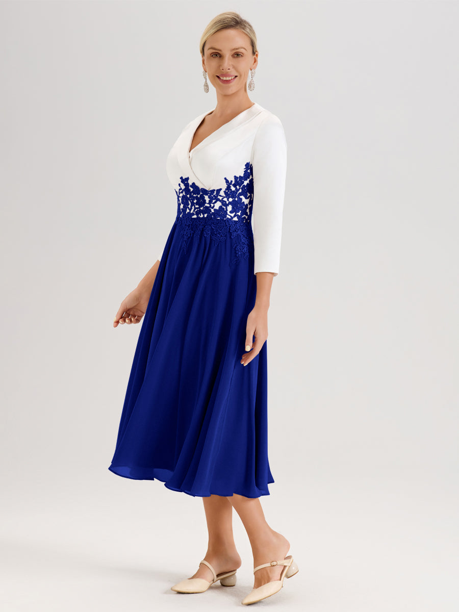 Cicinia Bleu Royale Robe De Mère De La Mariée Mi-Longue À Décolleté En V En Satin Mousseline Et Dentelle