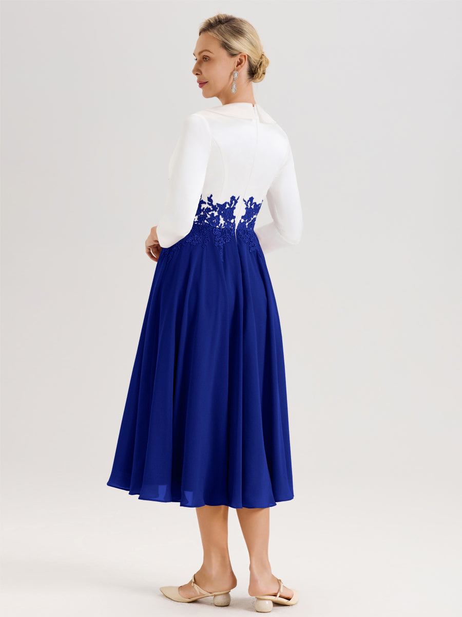 Cicinia Bleu Royale Robe De Mère De La Mariée Mi-Longue À Décolleté En V En Satin Mousseline Et Dentelle