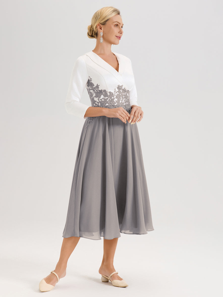 Cicinia Argent Robe De Mère De La Mariée Mi-Longue À Décolleté En V En Satin Mousseline Et Dentelle