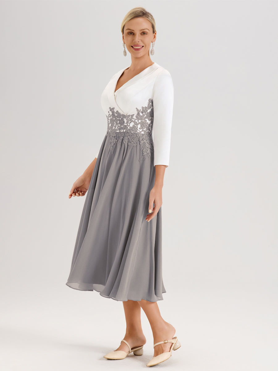 Cicinia Argent Robe De Mère De La Mariée Mi-Longue À Décolleté En V En Satin Mousseline Et Dentelle