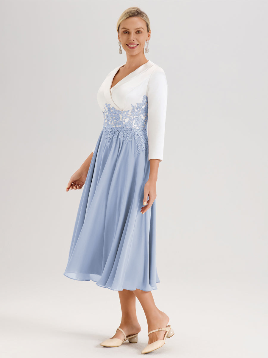 Cicinia Bleu Ciel Robe De Mère De La Mariée Mi-Longue À Décolleté En V En Satin Mousseline Et Dentelle