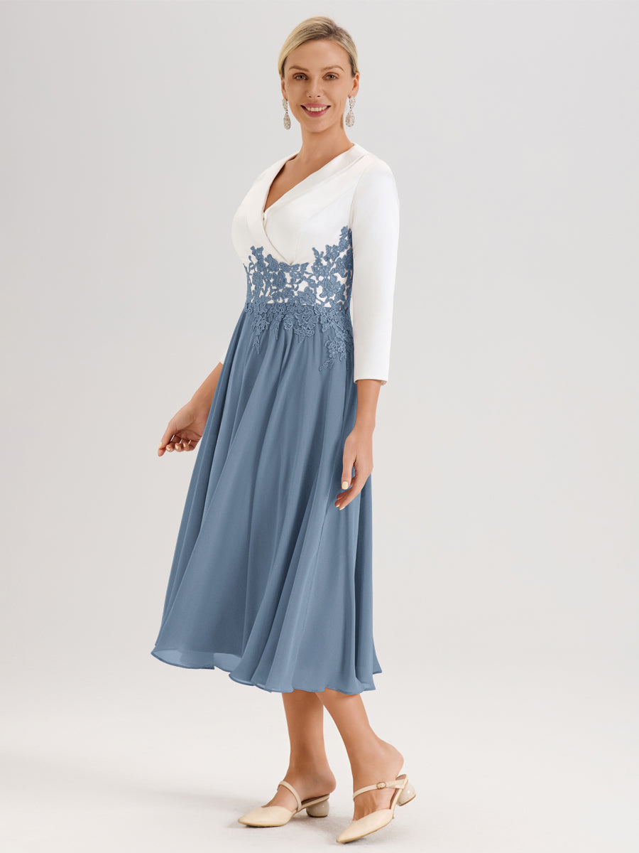 Cicinia Bleu De Schiste Robe De Mère De La Mariée Mi-Longue À Décolleté En V En Satin Mousseline Et Dentelle