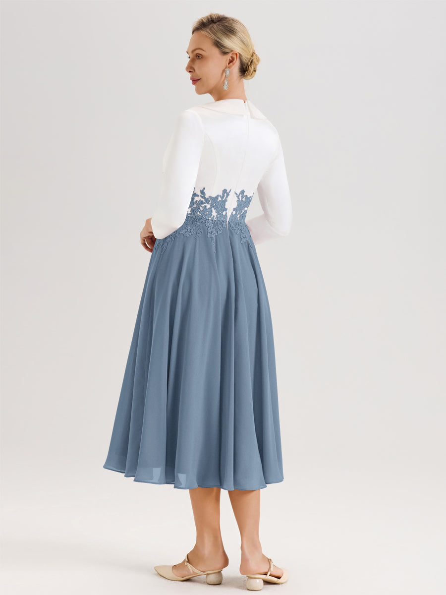 Cicinia Bleu De Schiste Robe De Mère De La Mariée Mi-Longue À Décolleté En V En Satin Mousseline Et Dentelle
