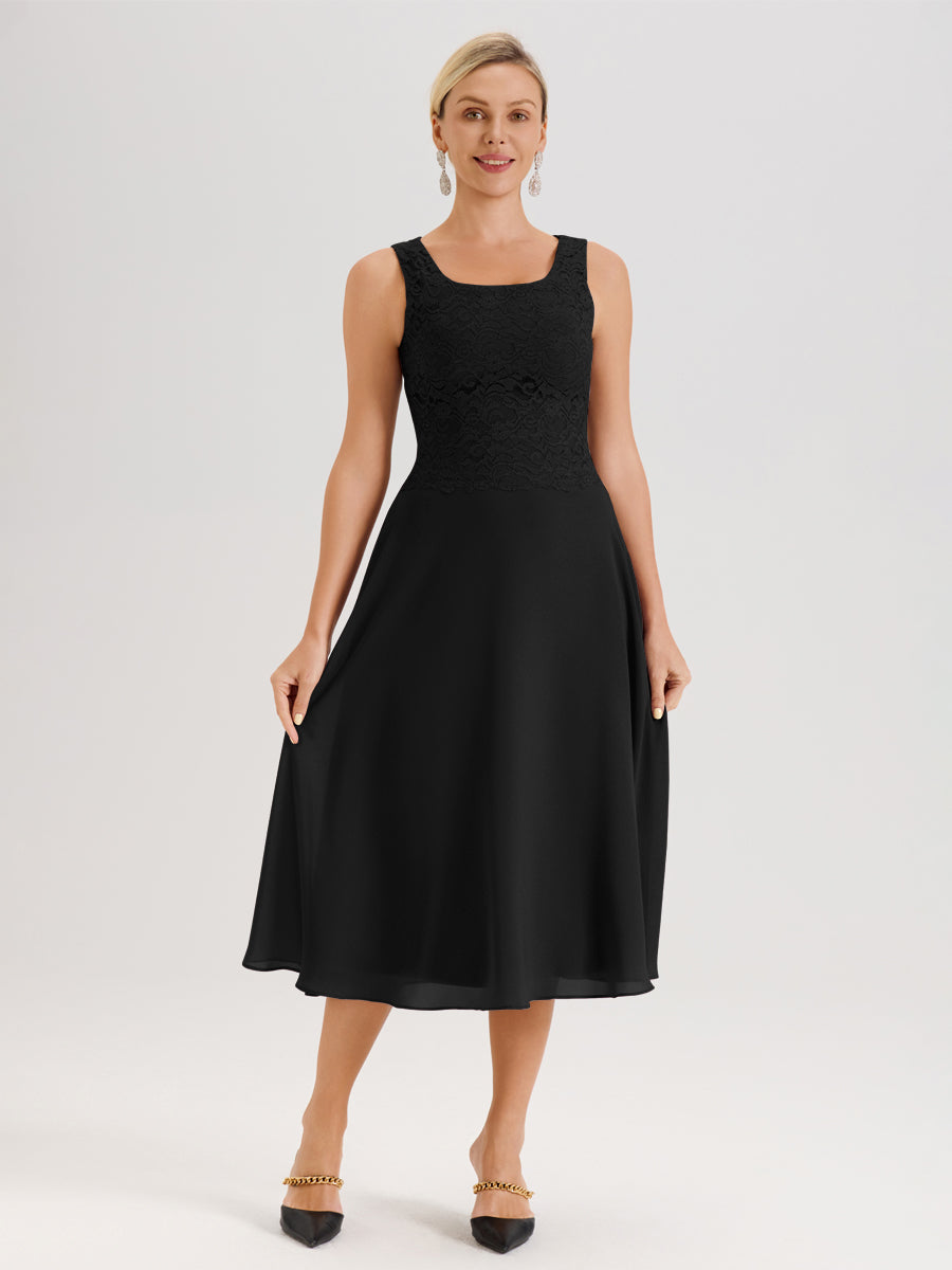 Cicinia Noir Ensemble 2 Pièces Pour Mère De La Mariée Mi-Long À Col Carré En Mousseline Et Dentelle