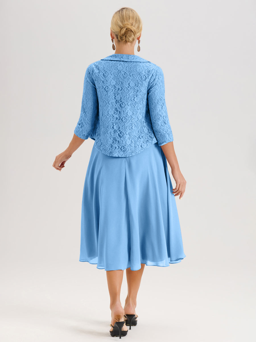 Cicinia Bleu Ensemble 2 Pièces Pour Mère De La Mariée Mi-Long À Col Carré En Mousseline Et Dentelle