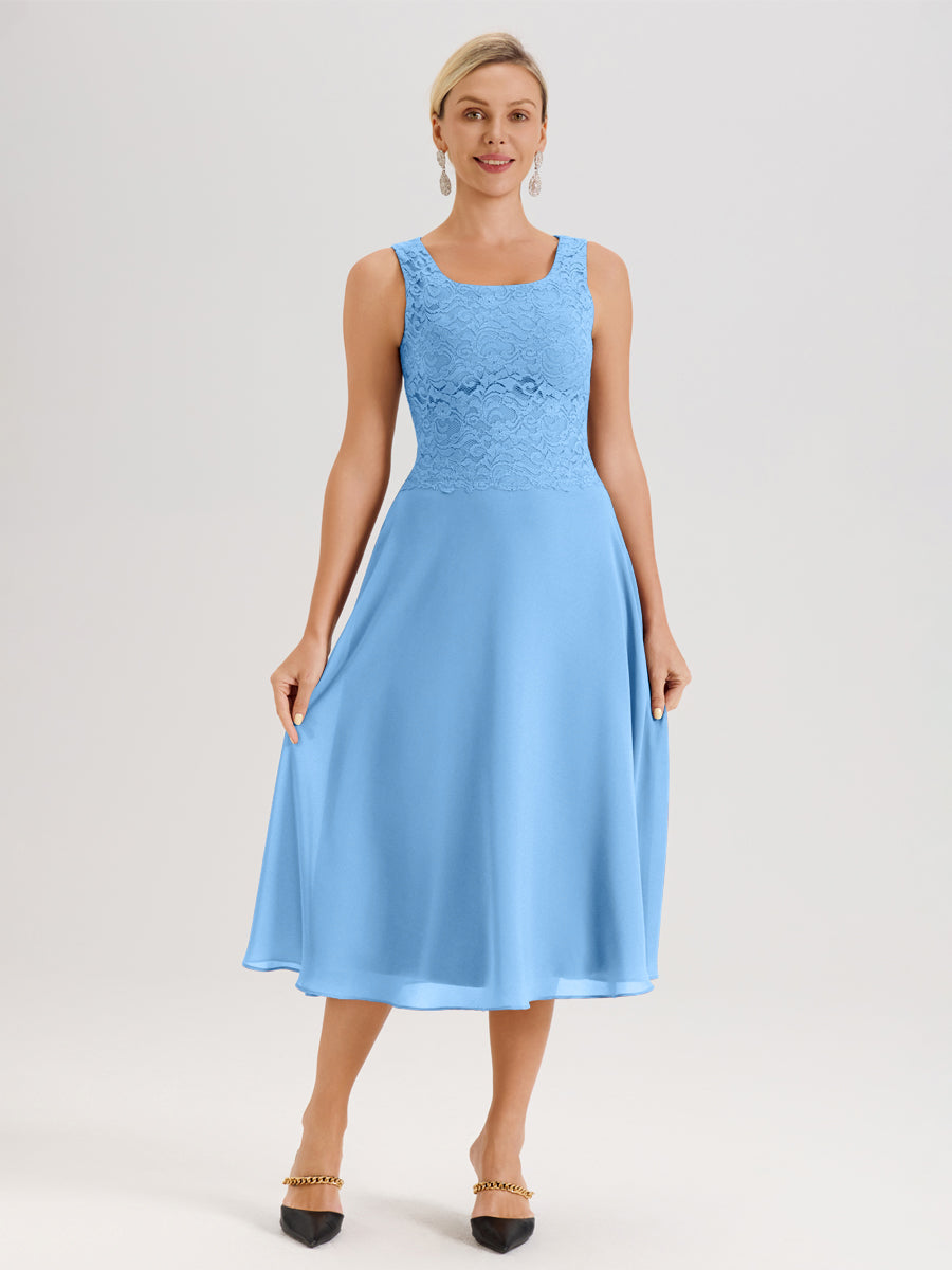 Cicinia Bleu Ensemble 2 Pièces Pour Mère De La Mariée Mi-Long À Col Carré En Mousseline Et Dentelle
