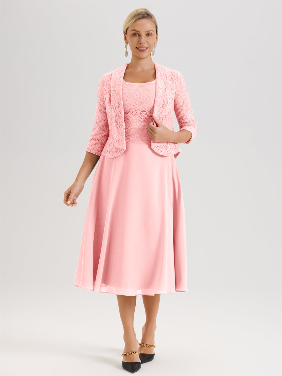 Cicinia Rose Ensemble 2 Pièces Pour Mère De La Mariée Mi-Long À Col Carré En Mousseline Et Dentelle