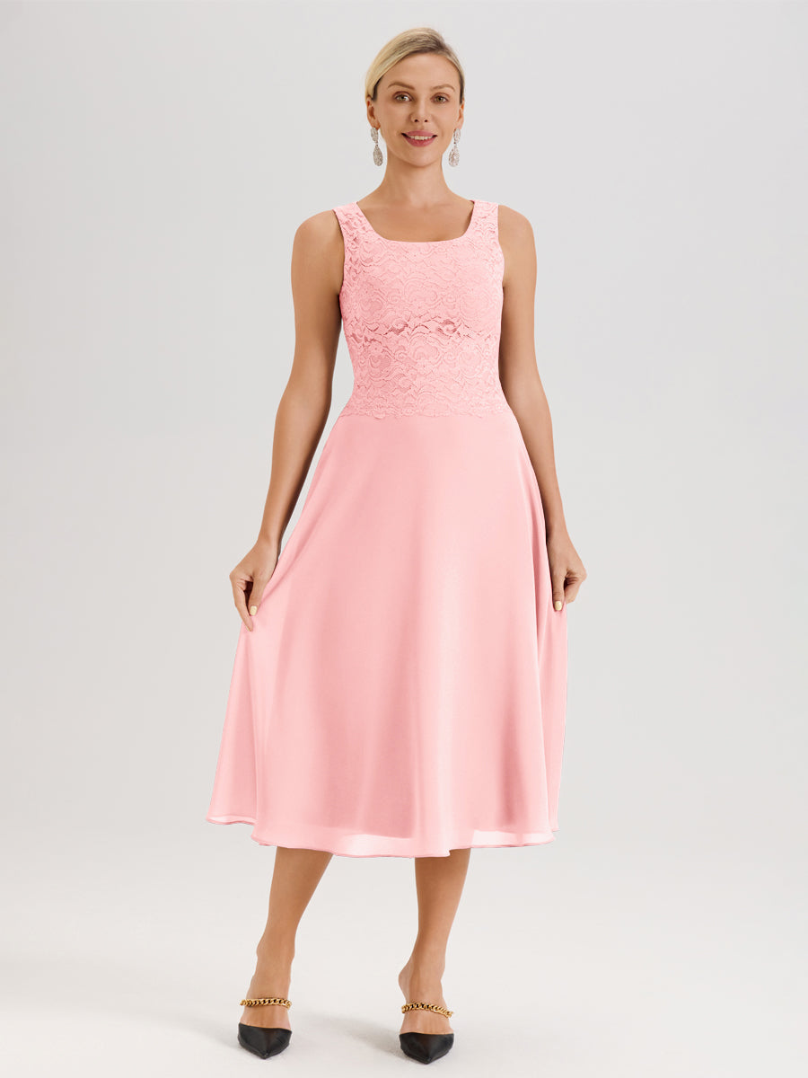 Cicinia Rose Ensemble 2 Pièces Pour Mère De La Mariée Mi-Long À Col Carré En Mousseline Et Dentelle