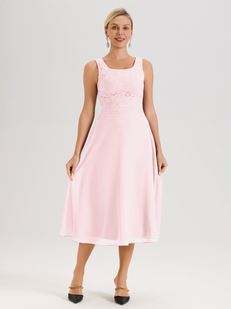 Cicinia Rose Pâle Ensemble 2 Pièces Pour Mère De La Mariée Mi-Long À Col Carré En Mousseline Et Dentelle