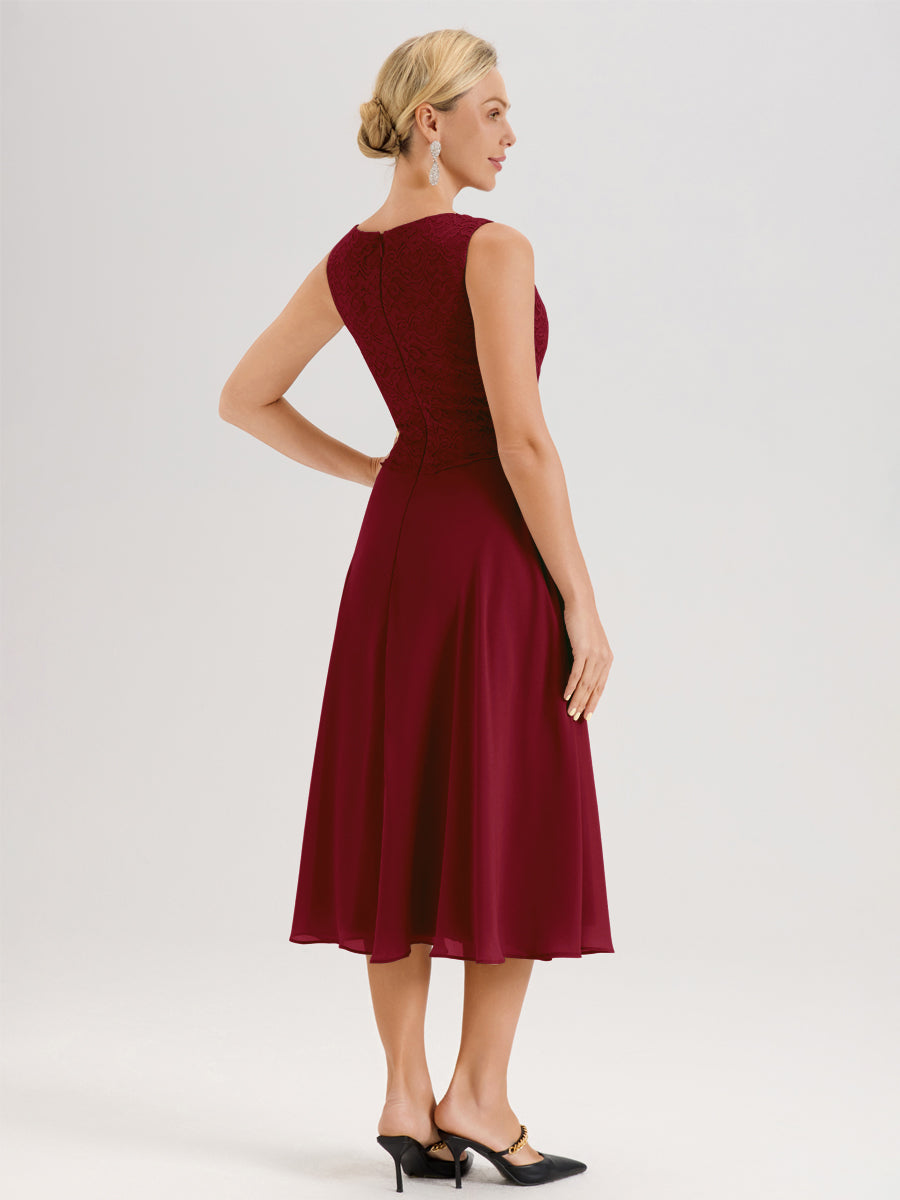 Cicinia Bordeaux Ensemble 2 Pièces Pour Mère De La Mariée Mi-Long À Col Carré En Mousseline Et Dentelle